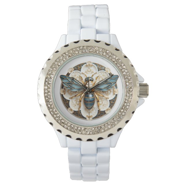  Blue White Gold Stained Glass  Elegant Bee Watch (Front)