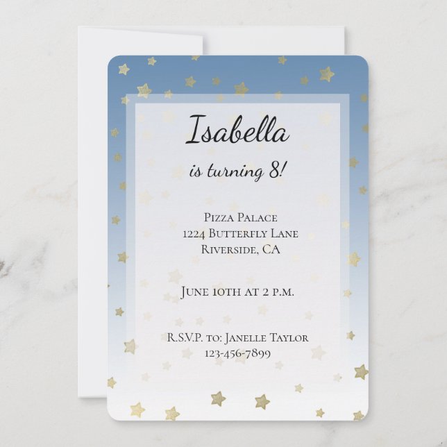 Blue White Gold Stars Birthday Invitation (Back)