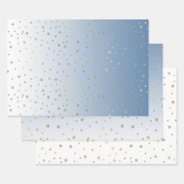 Blue White Gold Stars Birthday Wrapping Paper Sheets (Set)