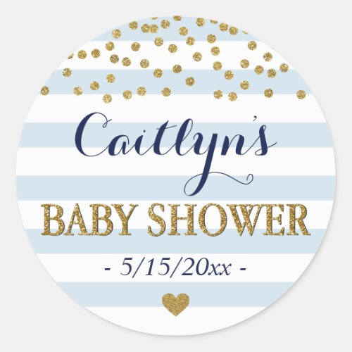 Blue White Gold Stripe Confetti Baby Boy Shower Classic Round Sticker