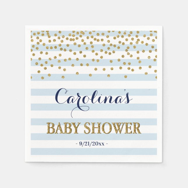 Blue White Gold Stripe Confetti Baby Boy Shower Napkins (Front)