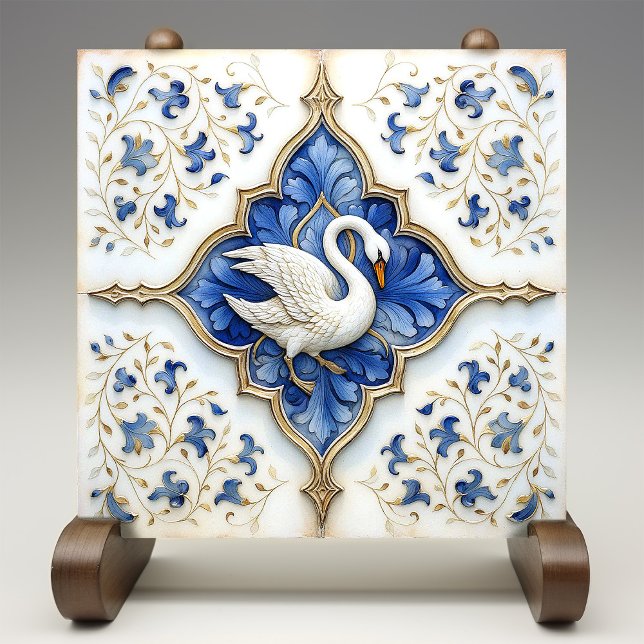 Blue White Gold Swan Medieval Scrollwork Ceramic Tile (Creator Uploaded)