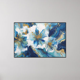 Blue, White & Gold Textured Floral Painting Canvas Print