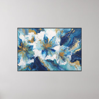 Blue, White & Gold Textured Floral Painting  Canvas Print