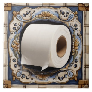 Blue White & Gold Toilet Paper Roll Funny Bathroom Ceramic Tile