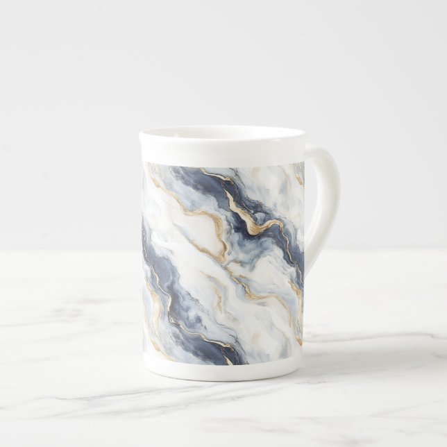 Blue White Gold Wavy Abstract Bone China Mug (Front Right)