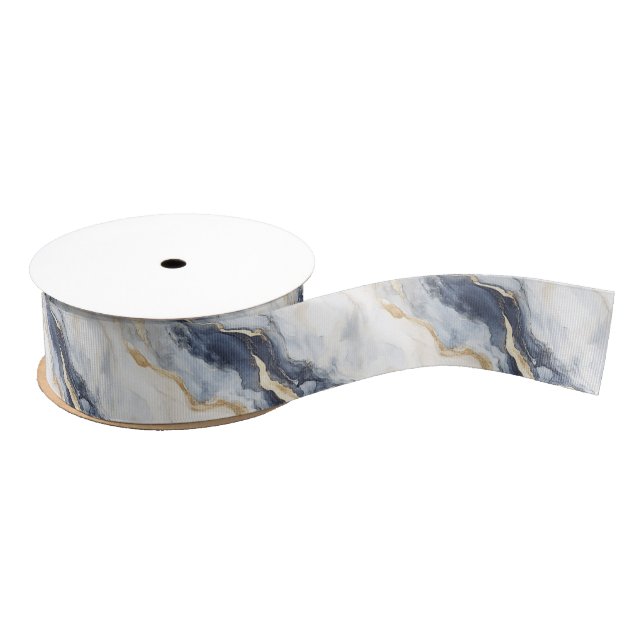 Blue White Gold Wavy Abstract Grosgrain Ribbon (Spool)