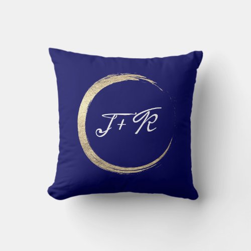 Blue White Gold Wreath Monogram Initials Minimal Throw Pillow