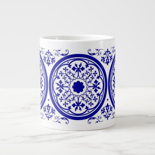 Blue White Gothic Tile Pattern Giant Coffee Mug