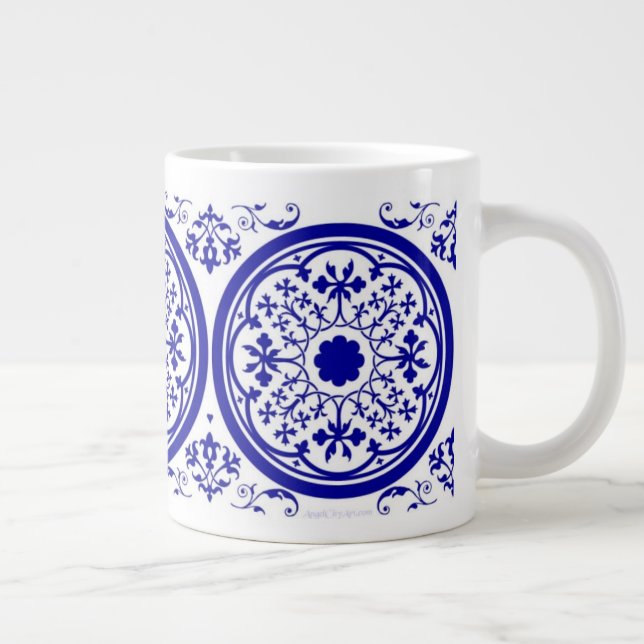 Blue White Gothic Tile Pattern Giant Coffee Mug (Right)