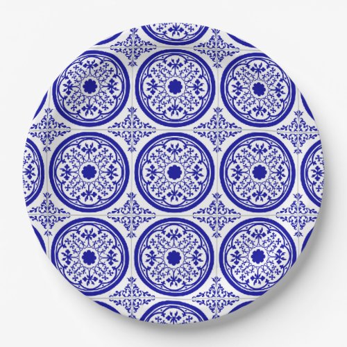 Blue White Gothic Tile Pattern Paper Plates