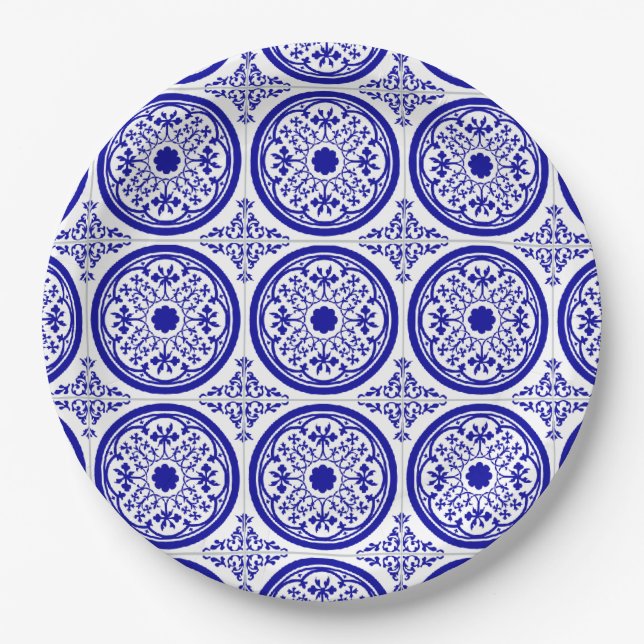 Blue White Gothic Tile Pattern Paper Plates (Front)