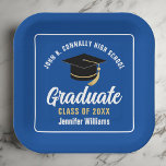 Blue White Graduate 2024 Graduation Party Square Paper Plates<br><div class="desc">This modern blue and white custom graduation party paper plate features classy typography of your high school or college name for the class of 2024. Customize with your graduating year under the chic handwritten script and black grad cap for great personalized graduate decor.</div>