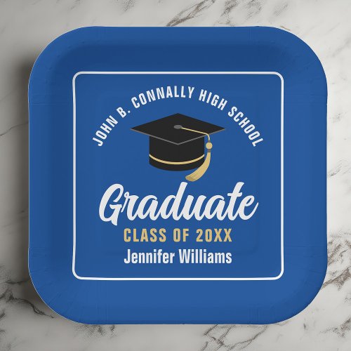 Blue White Graduate 2024 Graduation Party Square Paper Plates