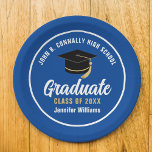 Blue White Graduate Custom 2025 Graduation Party Paper Plates<br><div class="desc">This modern blue and white custom graduation party paper plate features classy typography of your high school or college name for the class of 2025. Customize with your graduating year under the chic handwritten script and black grad cap for great personalized graduate decor.</div>