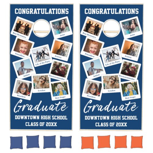 Blue White Graduate Insta Photo School Nicknames Cornhole Set