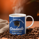 Blue White Graduate Personalized 2025 Graduation Coffee Mug<br><div class="desc">This modern blue and white custom senior graduation mug features classy typography of your high school or college name for the class of 2025. Customize with your graduating year under the chic handwritten script and black grad cap for a great personalized graduate keepsake gift.</div>