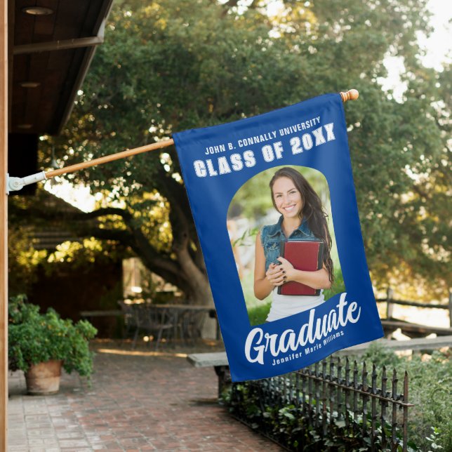 Blue White Graduate Photo Arch Modern Graduation House Flag (In SItu)