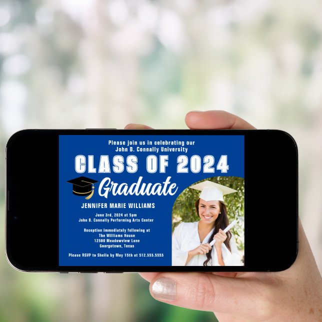 Blue White Graduate Photo Cute Graduation Party Invitation (Front Digital)