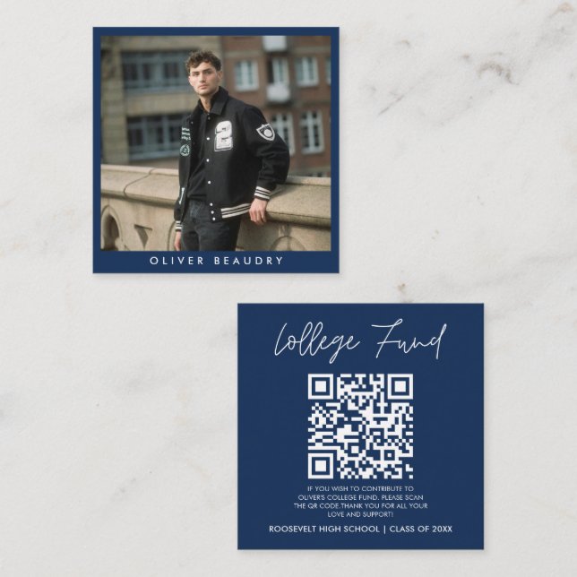 Blue & White Graduation College Fund QR Code Photo Enclosure Card (Front/Back)