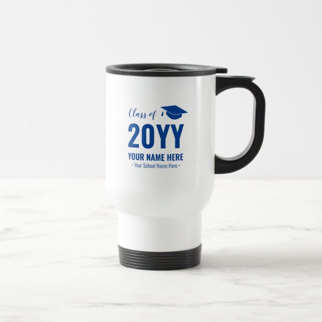 Blue & White Graduation Gift Custom Travel Mug (Right)