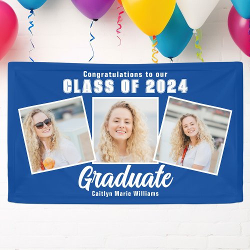 Blue White Graduation Photo Collage 2024 Party Banner