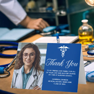 Blue White Graduation Photo Medical School Letterpress Thank You Card