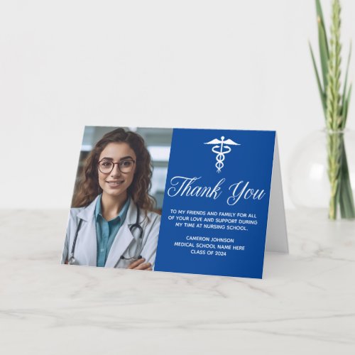 Blue White Graduation Photo Medical School Thank You Card