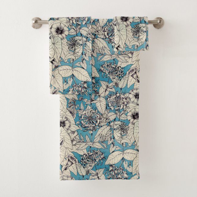 Blue White Graphic Flowers Pattern Bath Towel Set (Insitu)