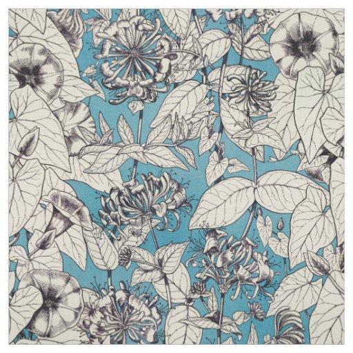 Blue White Graphic Flowers Pattern Fabric