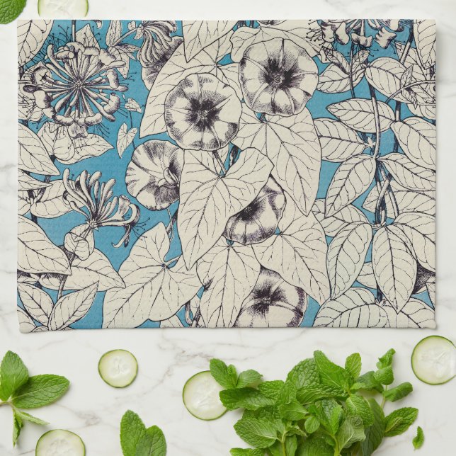Blue White Graphic Flowers Pattern Kitchen Towel (Folded)