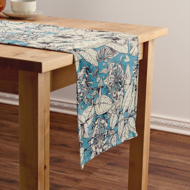 Blue White Graphic Flowers Pattern Short Table Runner (In Situ)