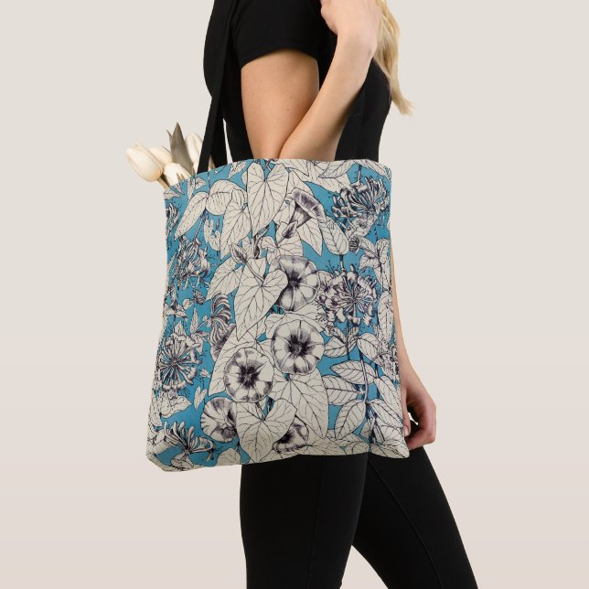 Blue White Graphic Flowers Pattern Tote Bag (Close Up)