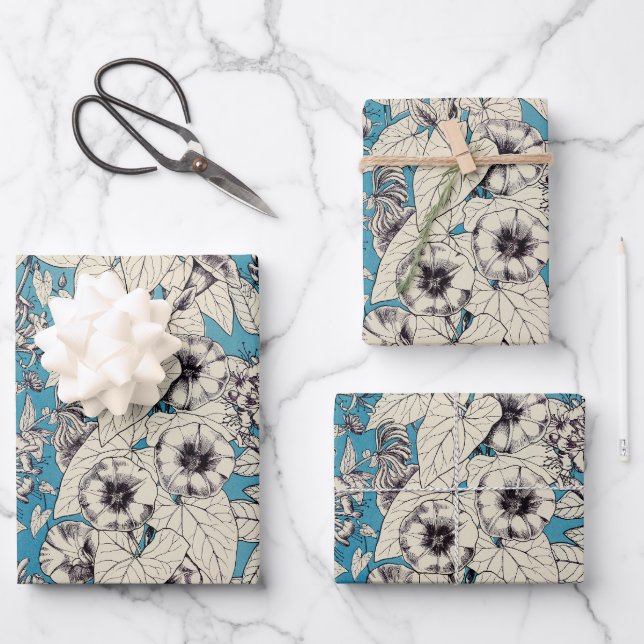 Blue White Graphic Flowers Pattern Wrapping Paper Sheets (Front)