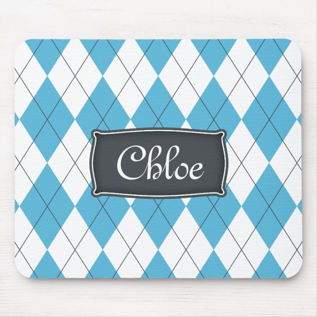 Blue White Gray Argyle with Name Mouse Pad (Front)