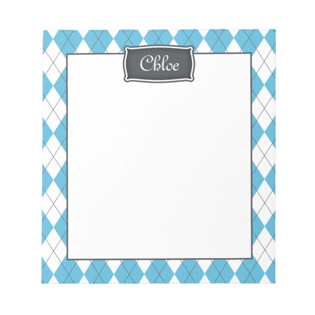 Blue White Gray Argyle with Name Notepad (Front)