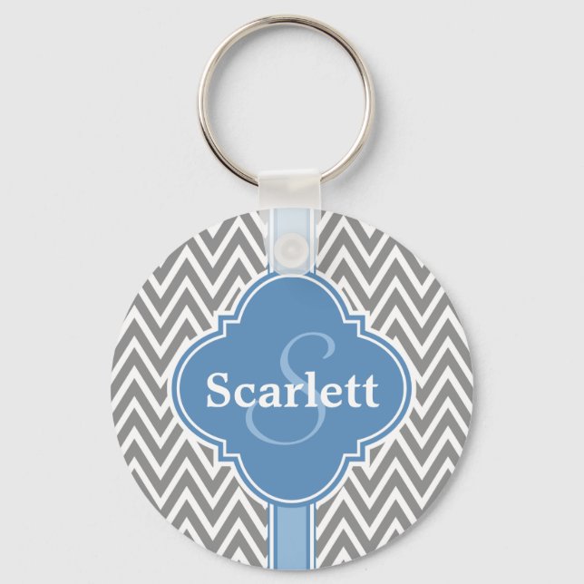 Blue White Gray Chevron Pattern and Monogram Keychain (Front)