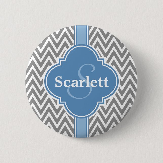 Blue White Gray Chevron Pattern and Monogram Pinback Button (Front)