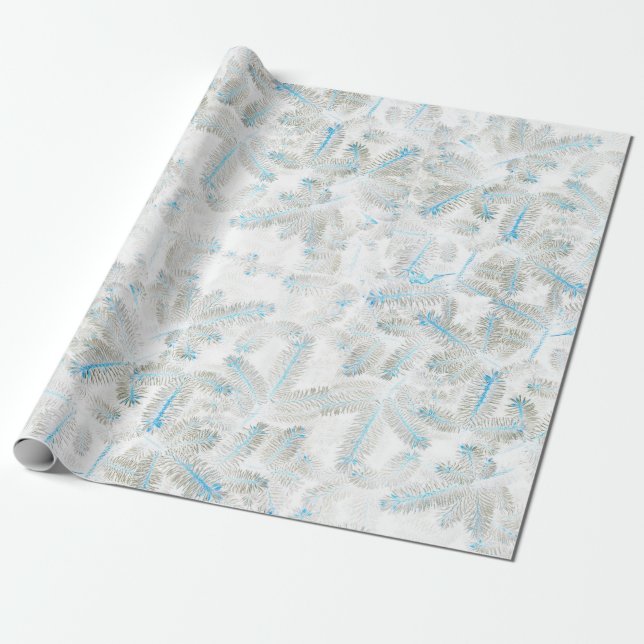Blue White Gray Christmas Fir Tree Print Wrapping Paper (Unrolled)