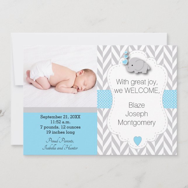 Blue, White, Gray Elephant 🐘 Baby Photo Announcement (Front)