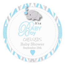 Blue, White Gray Elephant Baby Shower 2 Classic Round Sticker