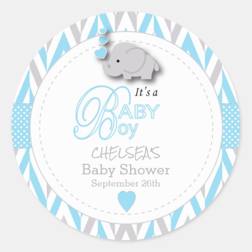 Blue White Gray Elephant Baby Shower 2 Classic Round Sticker