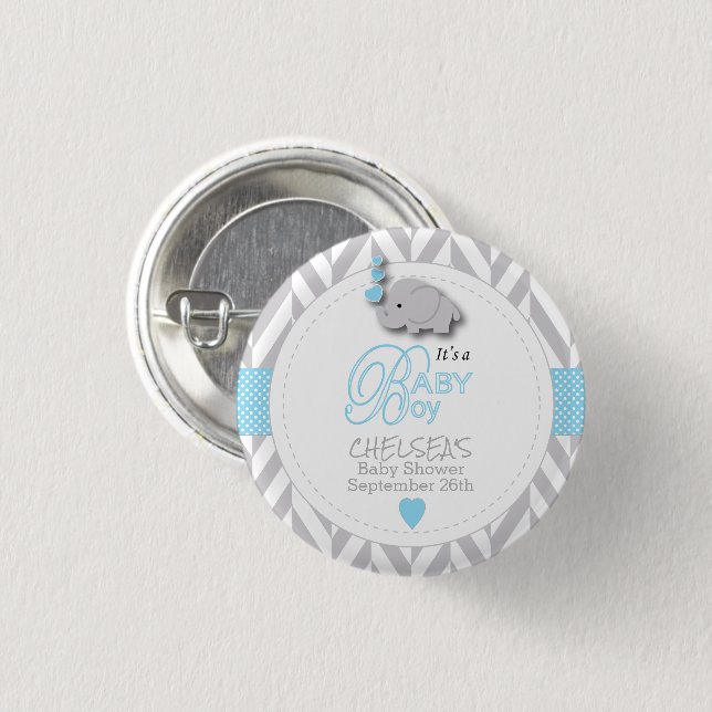 Blue, White Gray Elephant Baby Shower Button (Front & Back)