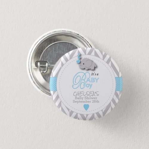 Blue White Gray Elephant Baby Shower Button