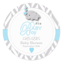 Blue, White Gray Elephant Baby Shower Classic Round Sticker