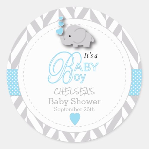 Blue White Gray Elephant Baby Shower Classic Round Sticker