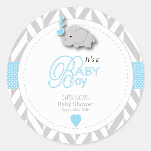 Blue White Gray Elephant Baby Shower Classic Round Sticker