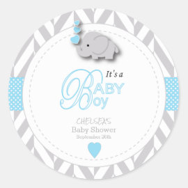 Blue, White Gray Elephant Baby Shower Classic Round Sticker
