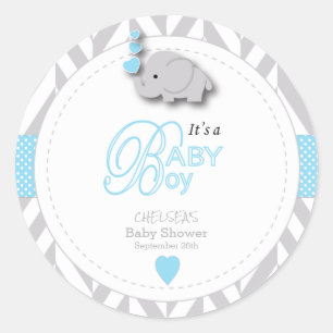 Blue, White Gray Elephant Baby Shower Classic Round Sticker
