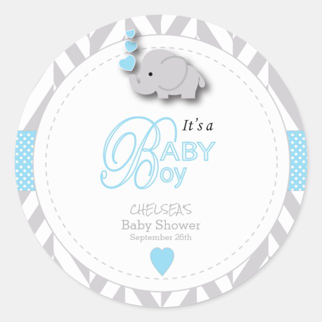 Blue, White Gray Elephant Baby Shower Classic Round Sticker (Front)